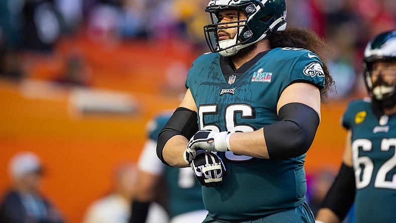 Feb 12, 2023; Glendale, Arizona, US; Philadelphia Eagles guard Isaac Seumalo (56) against the Kansas City Chiefs during Super Bowl LVII at State Farm Stadium. Mandatory Credit: Mark J. Rebilas-USA TODAY Sports