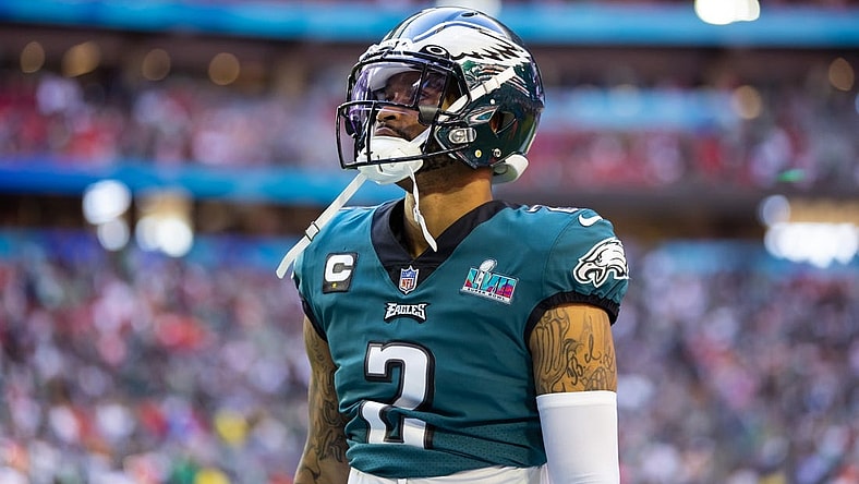 Feb 12, 2023; Glendale, Arizona, US; Philadelphia Eagles cornerback Darius Slay (2) against the Kansas City Chiefs during Super Bowl LVII at State Farm Stadium. Mandatory Credit: Mark J. Rebilas-USA TODAY Sports