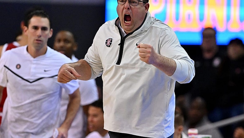 Feb 16, 2023; Los Angeles, California, USA;   Stanford Cardinal head coach Jerod Haase yells from the bench in the second half against the UCLA Bruins at Pauley Pavilion presented by Wescom. Mandatory Credit: Jayne Kamin-Oncea-USA TODAY Sports