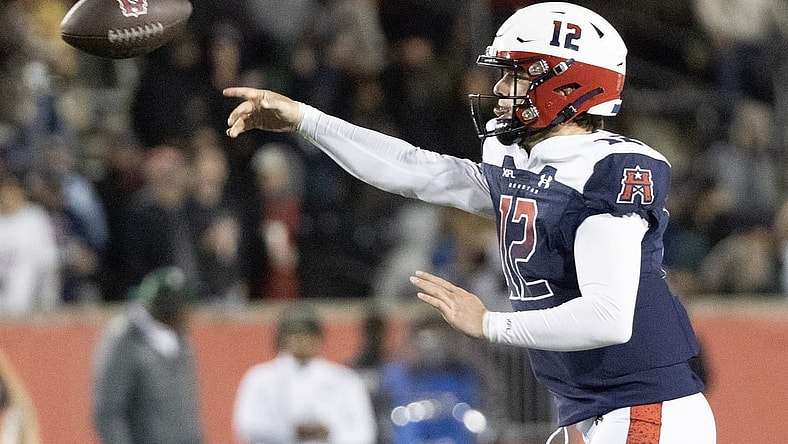 Feb 18, 2023; Houston, TX, USA; Houston Roughnecks quarterback Brandon Silvers (12) throws a pass against the Orlando Guardians in the fourth quarter at TDECU Stadium. Mandatory Credit: Thomas Shea-USA TODAY Sports