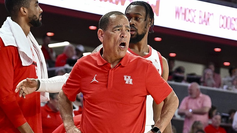 Feb 19, 2023; Houston, Texas, USA; Houston Cougars head coach Kelvin Sampson reacts during the second half against the Memphis Tigers at Fertitta Center. Mandatory Credit: Maria Lysaker-USA TODAY Sports