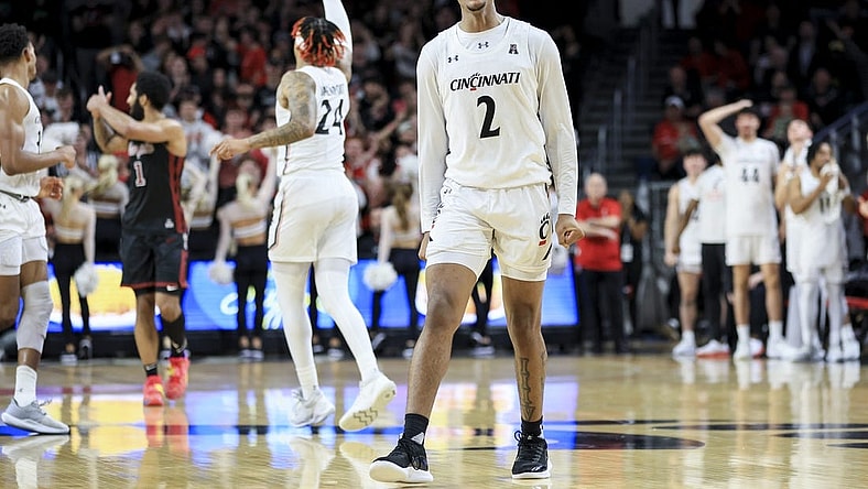 Feb 22, 2023; Cincinnati, Ohio, USA;  Cincinnati Bearcats guard Landers Nolley II (2) reacts after making a basket in the game against the Temple Owls in overtime at Fifth Third Arena. Mandatory Credit: Aaron Doster-USA TODAY Sports