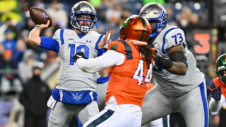 Feb 23, 2023; Seattle, WA, USA; St. Louis Battlehawks quarterback AJ McCarron (10) passes the ball against the Seattle Sea Dragons during the first half at Lumen Field. Mandatory Credit: Steven Bisig-USA TODAY Sports