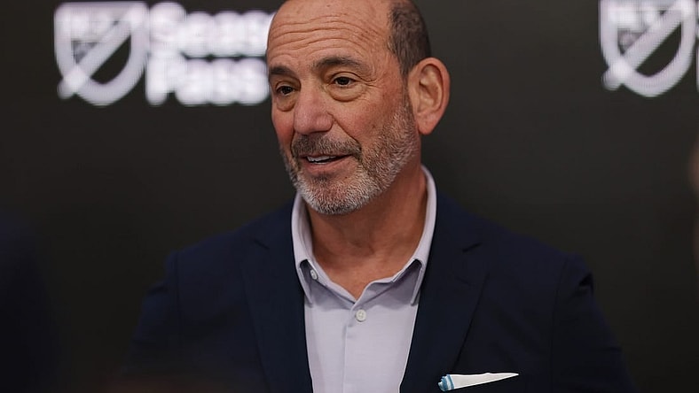 Feb 22, 2023; New York, NY, USA; MLS commissioner Don Garber speaks with the media after a preview of the new studio set for MLS Season Pass program "MLS 360" during a media introduction in New York City. Mandatory Credit: Geoff Burke-USA TODAY Sports