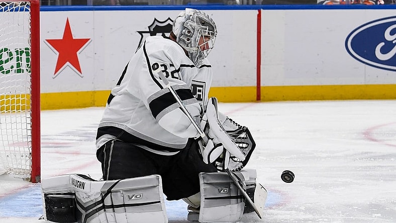 Feb 24, 2023; Elmont, New York, USA;  Los Angeles Kings goaltender Jonathan Quick (32) makes a save against the New York Islanders during the second period at UBS Arena. Mandatory Credit: Dennis Schneidler-USA TODAY Sports