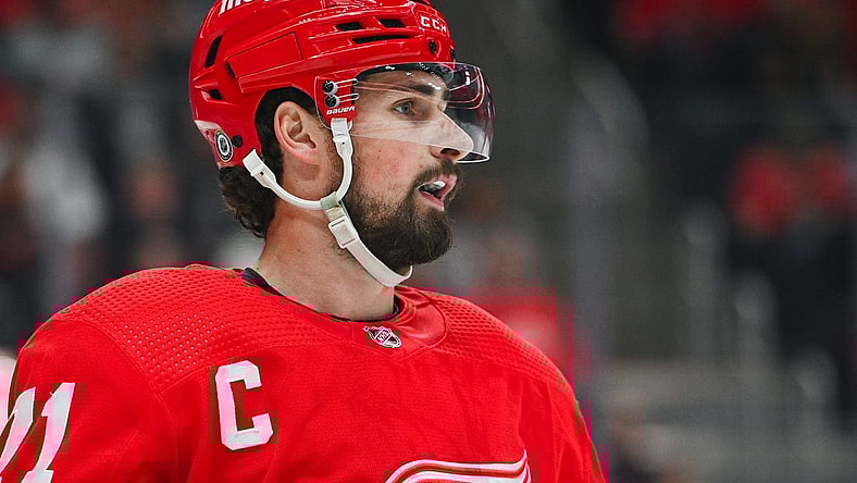 Feb 25, 2023; Detroit, Michigan, USA; Detroit Red Wings center Dylan Larkin (71) during the first period against the Tampa Bay Lightning at Little Caesars Arena. Mandatory Credit: Tim Fuller-USA TODAY Sports