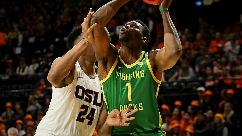 Oregon center N'Faly Dante looks to shoot as the Oregon Ducks take on the Oregon State Beavers at Gill Coliseum Saturday, Feb. 25, 2023, in Corvallis, Ore.

Ncaa Basketball Oregon At Oregon State Mbb Oregon At Oregon State