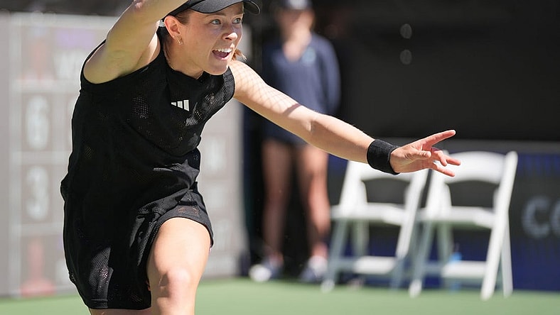February 27, 2023; Austin, TX, USA; Katie Volynets returns a shot against Alison Riske-Amritraj at the Women's Tennis Association ATX Open at Westwood Country Club in Austin, Texas, on Monday February 27, 2023.  Volynets won 6-3, 3-6, 6-0.  Mandatory Credit: Jay Janner-USA TODAY NETWORK