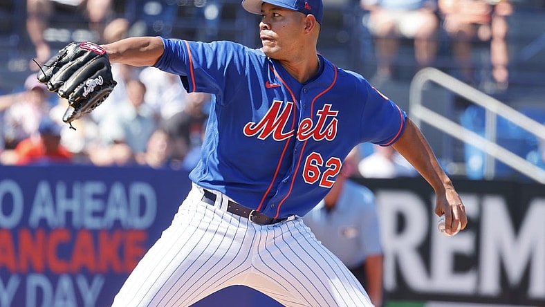 Feb 28, 2023; Port St. Lucie, Florida, USA; New York Mets starting pitcher Jose Quintana (62) throws a pitch during the first inning against the Houston Astros at Clover Park. Mandatory Credit: Reinhold Matay-USA TODAY Sports