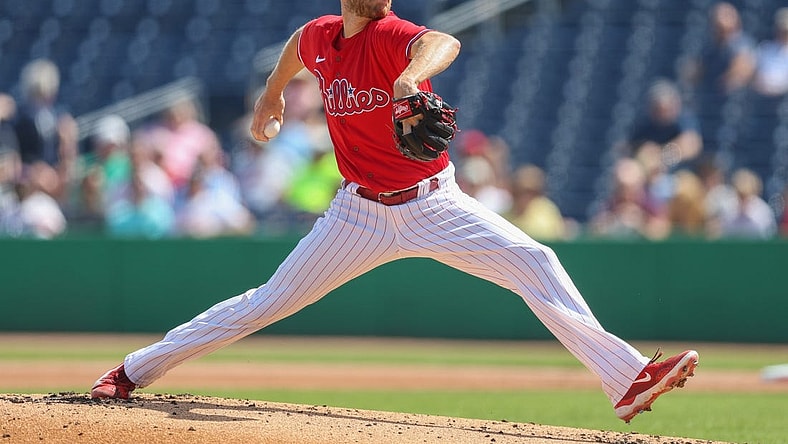 Feb 28, 2023; Clearwater, Florida, USA;  Philadelphia Phillies starting pitcher Zack Wheeler (45) throws a pitch against the Toronto Blue Jays in the first inning during spring training at BayCare Ballpark. Mandatory Credit: Nathan Ray Seebeck-USA TODAY Sports