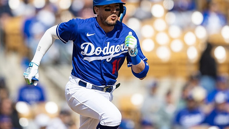 Feb 26, 2023; Phoenix, Arizona, USA; Los Angeles Dodgers infielder Miguel Rojas against the Chicago Cubs during a spring training game at Camelback Ranch-Glendale. Mandatory Credit: Mark J. Rebilas-USA TODAY Sports