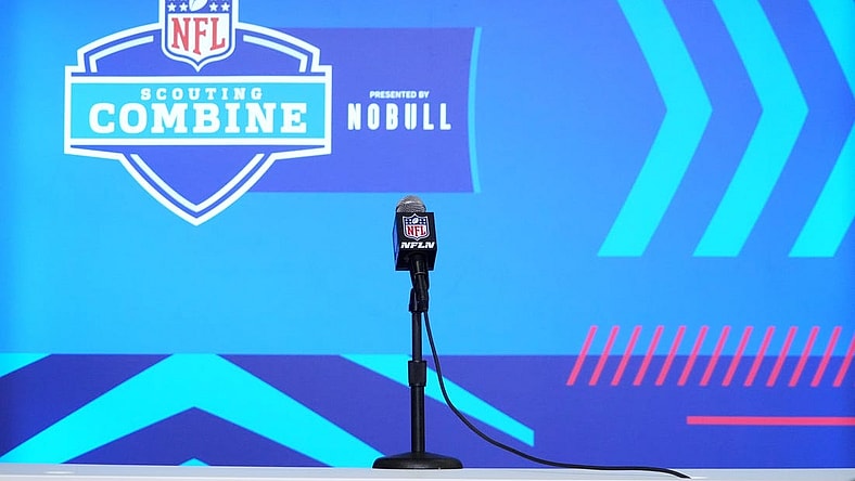 Mar 1, 2023; Indianapolis, IN, USA; An empty podium for Georgia Bulldogs defensive lineman Jalen Carter (not pictured) during the NFL Scouting Combine at the Indiana Convention Center. Mandatory Credit: Kirby Lee-USA TODAY Sports