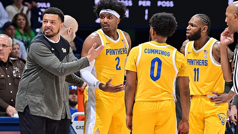Mar 1, 2023; South Bend, Indiana, USA; Pittsburgh Panthers head coach Jeff Capel argues with an official after a technical foul was called on forward Blake Hinson (2) in the first half against the Notre Dame Fighting Irish at the Purcell Pavilion. Mandatory Credit: Matt Cashore-USA TODAY Sports