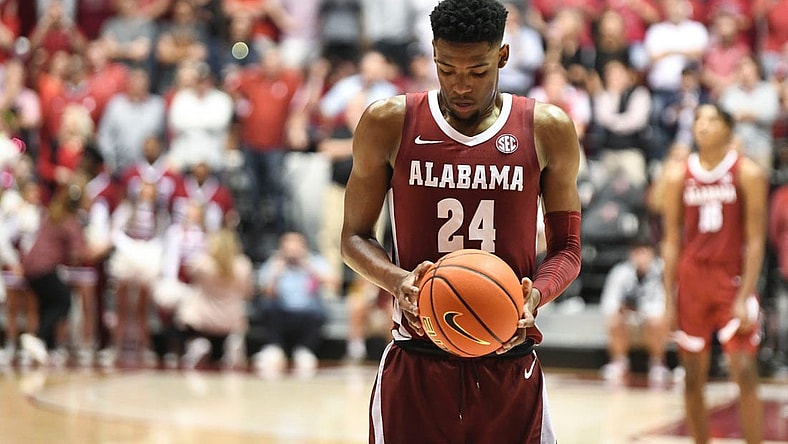 Mar 1, 2023; Tuscaloosa, AL, USA; Alabama forward Brandon Miller (24) comes to the free throw game in overtime at Coleman Coliseum. Alabama defeated Auburn 90-85 in overtime to claim the regular season SEC Championship.

Ncaa Basketball Auburn Tigers At Alabama Crimson Tide