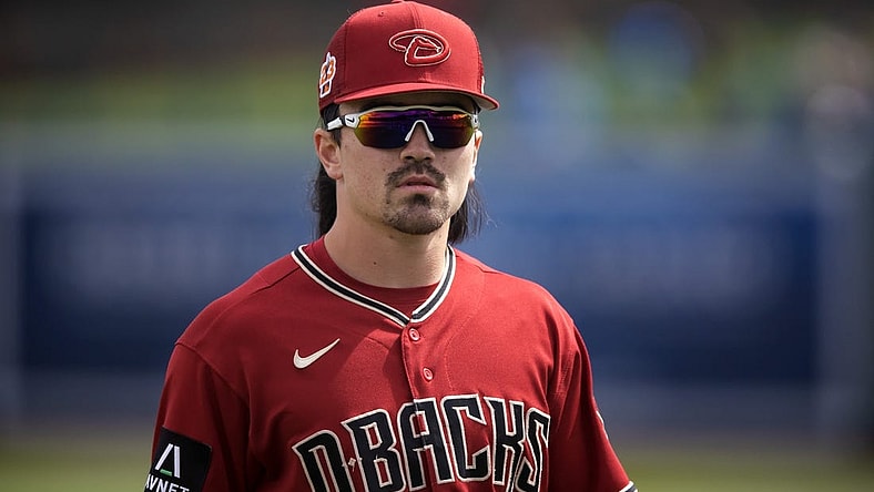 Mar 2, 2023; Phoenix, Arizona, USA; Arizona Diamondbacks outfielder Corbin Carroll against the Los Angeles Dodgers during a spring training game at Camelback Ranch-Glendale. Mandatory Credit: Mark J. Rebilas-USA TODAY Sports