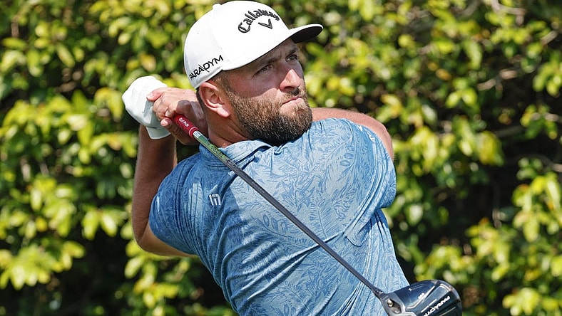Mar 2, 2023; Orlando, Florida, USA; Jon Rahm hits his tee shot on the ninth hole during the first round of the Arnold Palmer Invitational golf tournament. Mandatory Credit: Reinhold Matay-USA TODAY Sports
