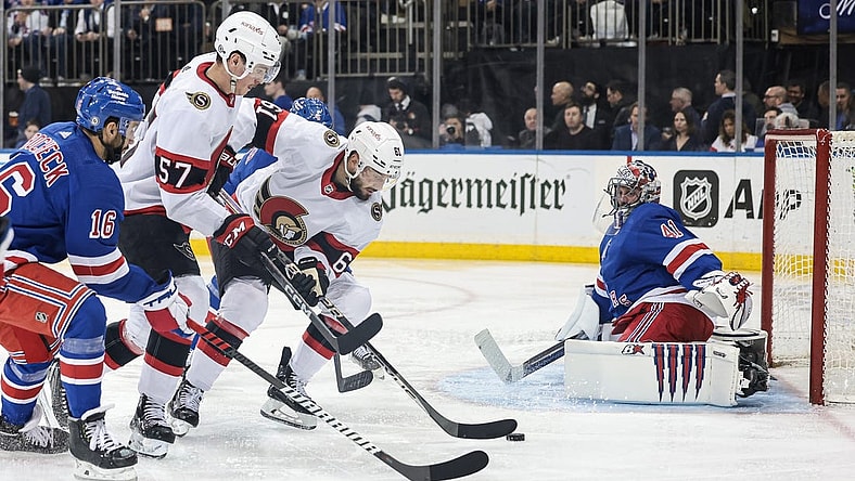 Mar 2, 2023; New York, New York, USA; Ottawa Senators center Derick Brassard (61) scores a goal past New York Rangers goaltender Jaroslav Halak (41) during the third period at Madison Square Garden. Mandatory Credit: Vincent Carchietta-USA TODAY Sports
