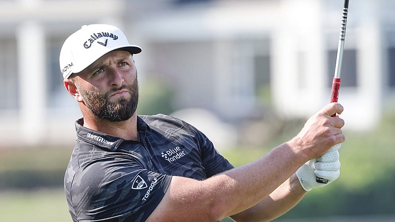 Mar 3, 2023; Orlando, Florida, USA; Jon Rahm hits his drive on the 18th hole during the second round of the Arnold Palmer Invitational golf tournament. Mandatory Credit: Reinhold Matay-USA TODAY Sports