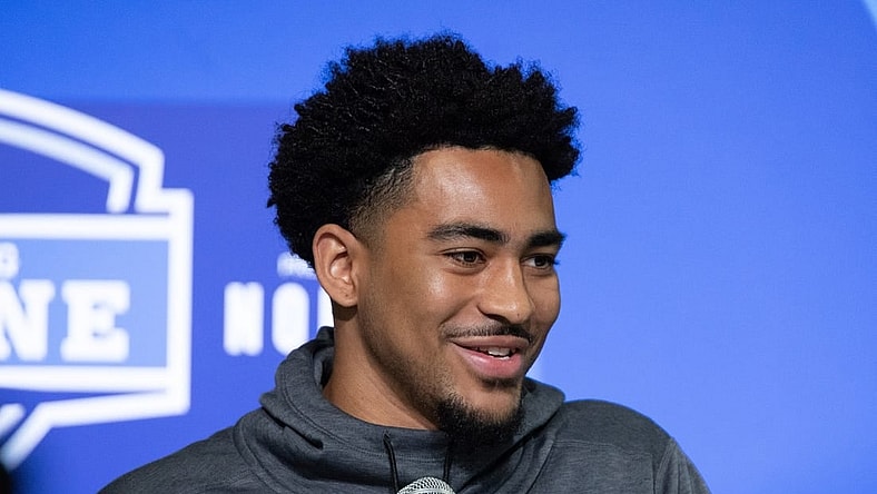 Mar 3, 2023; Indianapolis, IN, USA; Alabama quarterback Bryce Young (QB15) speaks to the press at the NFL Combine at Lucas Oil Stadium. Mandatory Credit: Trevor Ruszkowski-USA TODAY Sports