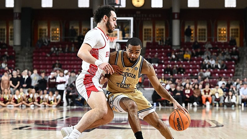Mar 4, 2023; Chestnut Hill, Massachusetts, USA; Georgia Tech Yellow Jackets guard Kyle Sturdivant (1) drives to the basket against Boston College Eagles guard Jaeden Zackery (3) during the first half at the Conte Forum. Mandatory Credit: Brian Fluharty-USA TODAY Sports
