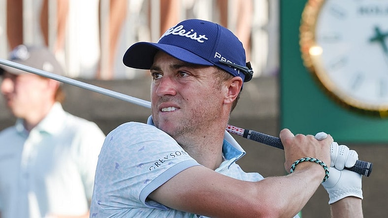 Mar 4, 2023; Orlando, Florida, USA; Justin Thomas reacts after hitting on the 18th hole during the third round of the Arnold Palmer Invitational golf tournament. Mandatory Credit: Reinhold Matay-USA TODAY Sports