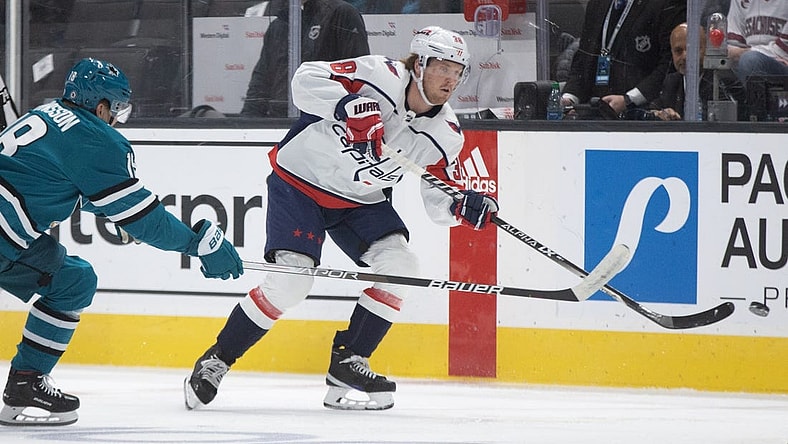 Mar 4, 2023; San Jose, California, USA; Washington Capitals defenseman Rasmus Sandin (38) flips the puck away from San Jose Sharks left winger Andreas Johnsson (18) during the first period at SAP Center at San Jose. Mandatory Credit: D. Ross Cameron-USA TODAY Sports
