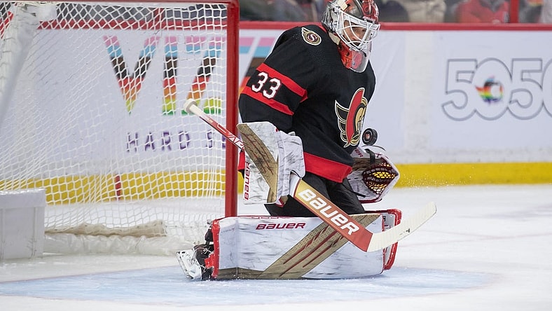 Mar 4, 2023; Ottawa, Ontario, CAN: Ottawa Senators goalie Cam Talbot (33) makes a save in the second period against the Columbus Blue Jackets  at the Canadian Tire Centre. Mandatory Credit: Marc DesRosiers-USA TODAY Sports