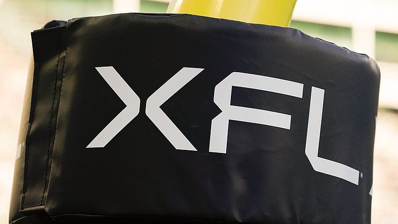 Mar 5, 2023; Arlington, TX, USA; The XFL logo on the goal post during a game between the Arlington Renegades and the Orlando Guardians during the second half at Choctaw Stadium. Mandatory Credit: Raymond Carlin III-USA TODAY Sports