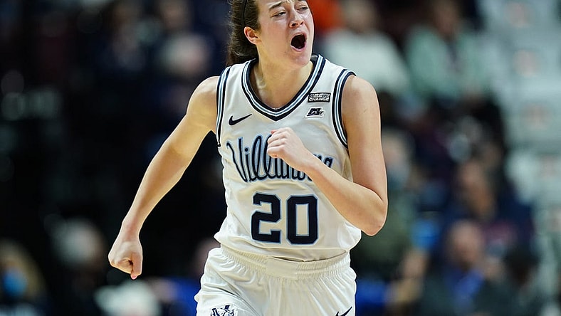 Mar 5, 2023; Uncasville, CT, USA; Villanova Wildcats forward Maddy Siegrist (20) reacts after her basket against the Creighton Bluejays in the second half at Mohegan Sun Arena. Mandatory Credit: David Butler II-USA TODAY Sports