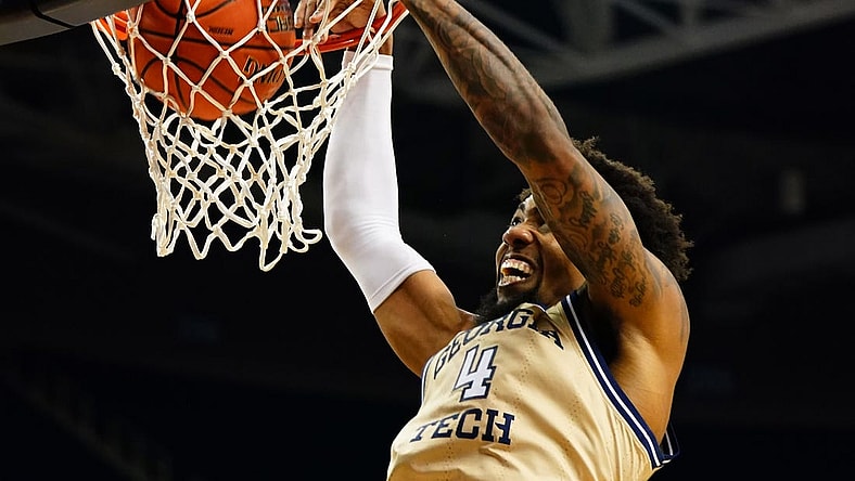 Mar 7, 2023; Greensboro, NC, USA; Georgia Tech Yellow Jackets forward Ja'von Franklin (4) dunks against the Florida State Seminoles during the first half of the first round of the ACC tournament at Greensboro Coliseum. Mandatory Credit: John David Mercer-USA TODAY Sports