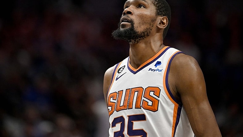 Mar 5, 2023; Dallas, Texas, USA; Phoenix Suns forward Kevin Durant (35) during the game between the Dallas Mavericks and the Phoenix Suns at the American Airlines Center. Mandatory Credit: Jerome Miron-USA TODAY Sports