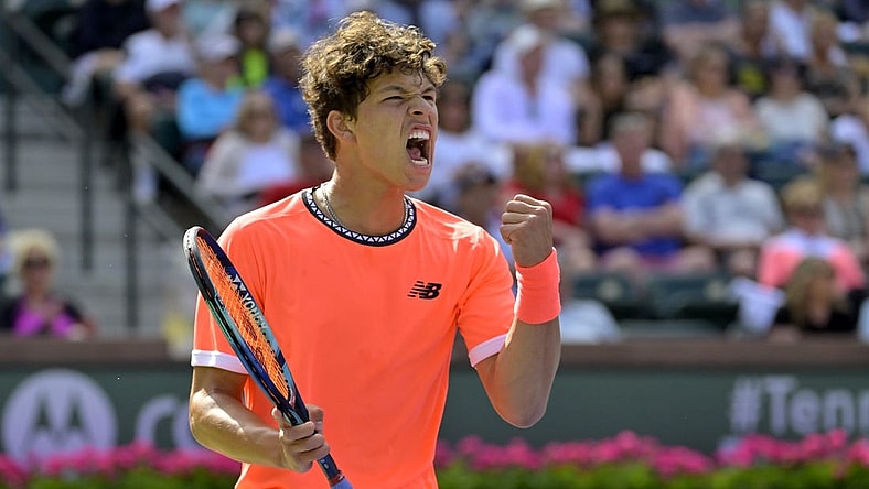 Mar 9, 2023; Indian Wells, CA, USA;  Ben Shelton (USA) reacts after winning the first set of his first round match against Fabio Fognini (not pictured) on day 4 of the BNP Paribas Open at the Indian Wells Tennis Garden. Mandatory Credit: Jayne Kamin-Oncea-USA TODAY Sports