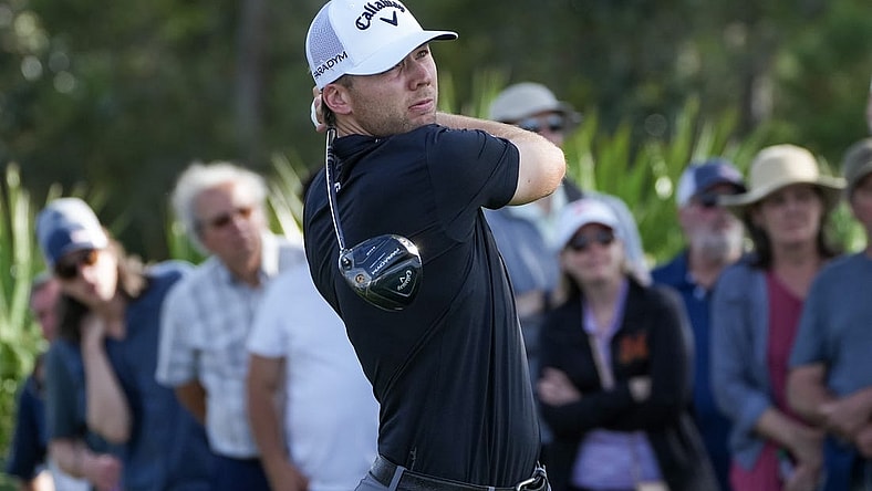 Mar 9, 2023; Ponte Vedra Beach, Florida, USA; Sam Burns plays from the 9th tee during the first round of THE PLAYERS Championship golf tournament. Mandatory Credit: David Yeazell-USA TODAY Sports