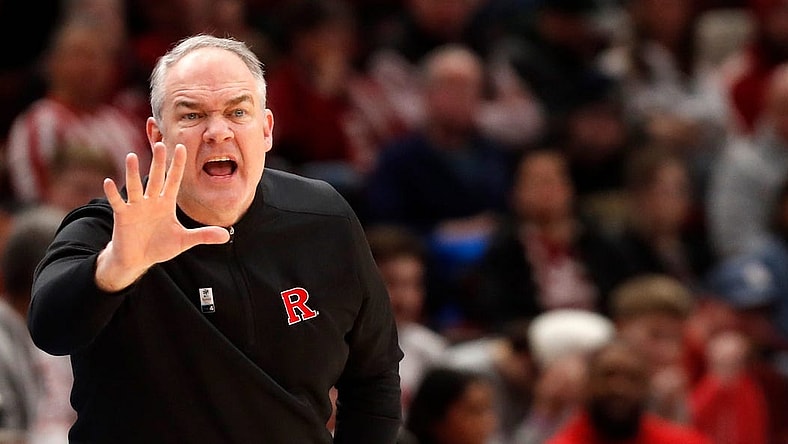 Rutgers Scarlet Knights head coach Steve Pikiell yells down court during the Big Ten Men   s Basketball Tournament game against the Purdue Boilermakers, Friday, March 10, 2023, at United Center in Chicago. Purdue Boilermakers won 70-65.

Purrut031023 Am14866