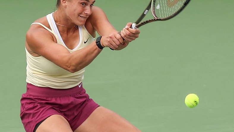 Aryna Sabalenka hits a shot while playing Evgeniya Rodina during the BNP Paribas Open in Indian Wells, Calif., March 10, 2023.

Bnp Friday 20