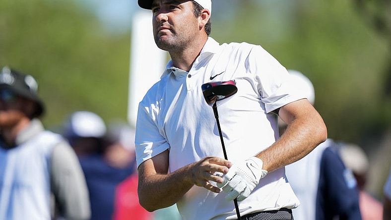 Mar 11, 2023; Ponte Vedra Beach, Florida, USA; Scottie Scheffler watches his tee shot during the third round of THE PLAYERS Championship golf tournament. Mandatory Credit: David Yeazell-USA TODAY Sports