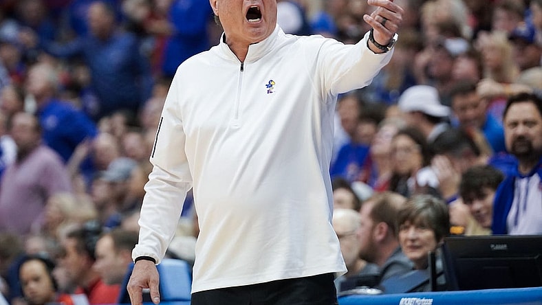 Feb 25, 2023; Lawrence, Kansas, USA; Kansas Jayhawks head coach Bill Self gestures toward an official against the West Virginia Mountaineers during the game at Allen Fieldhouse. Mandatory Credit: Denny Medley-USA TODAY Sports