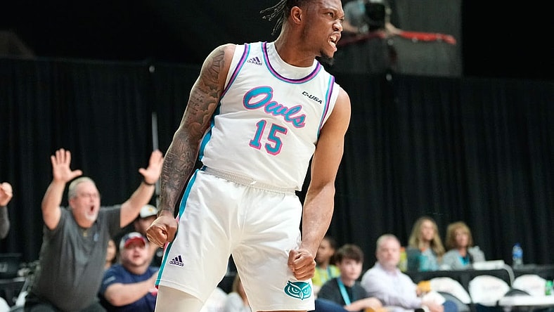 Mar 11, 2023; Frisco, TX, USA;  Florida Atlantic Owls guard Alijah Martin (15) celebrates after scoring a basket against the UAB Blazers during the second half at Ford Center at The Star. Mandatory Credit: Chris Jones-USA TODAY Sports