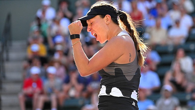 Mar 12, 2023; Indian Wells, CA, USA;  Jessica Pegula (USA) celebrates after defeating Anastasia Potapova (RUS) in her fourth round match at the BNP Paribas Open at the Indian Wells Tennis Garden. Mandatory Credit: Jayne Kamin-Oncea-USA TODAY Sports