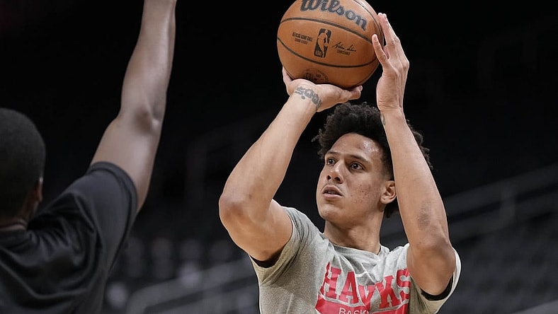 Mar 13, 2023; Atlanta, Georgia, USA; Atlanta Hawks forward Jalen Johnson (1) warms up prior to the game against the against the Minnesota Timberwolves at State Farm Arena. Mandatory Credit: Dale Zanine-USA TODAY Sports