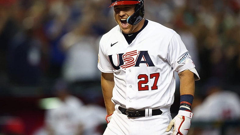Mar 13, 2023; Phoenix, Arizona, USA; USA outfielder Mike Trout celebrates after hitting a three run home run in the first inning against Canada during the World Baseball Classic at Chase Field. Mandatory Credit: Mark J. Rebilas-USA TODAY Sports