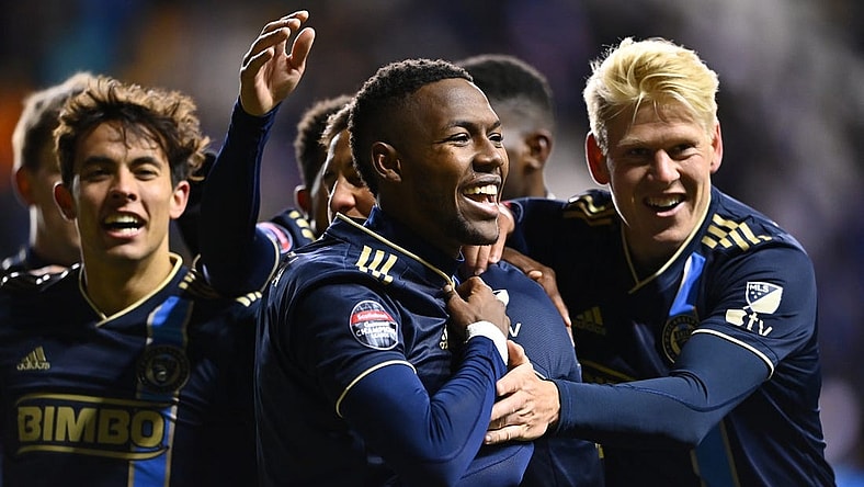 Mar 14, 2023; Chester, PA, USA; Philadelphia Union midfielder Andres Perea (6) celebrates with teammates after scoring a goal against Alianza FC in the second half at Subaru Park. Mandatory Credit: Kyle Ross-USA TODAY Sports