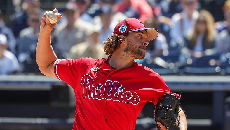 Mar 15, 2023; Tampa, Florida, USA; Philadelphia Phillies starting pitcher Aaron Nola (27) throws a pitch during the first inning against the New York Yankees at George M. Steinbrenner Field. Mandatory Credit: Mike Watters-USA TODAY Sports