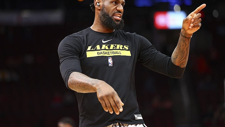 Mar 15, 2023; Houston, Texas, USA; Los Angeles Lakers forward LeBron James (6) shoots baskets before the game against the Houston Rockets at Toyota Center. Mandatory Credit: Troy Taormina-USA TODAY Sports
