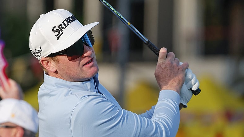 Mar 16, 2023; Palm Harbor, Florida, USA; Ryan Brehm plays his shot from the first tee during the first round of the Valspar Championship golf tournament. Mandatory Credit: Reinhold Matay-USA TODAY Sports