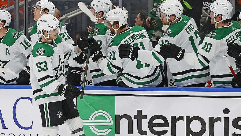 Mar 16, 2023; Edmonton, Alberta, CAN; The Dallas Stars celebrate a goal by forward Wyatt Johnson (53) during the third period against the Edmonton Oilers at Rogers Place. Mandatory Credit: Perry Nelson-USA TODAY Sports