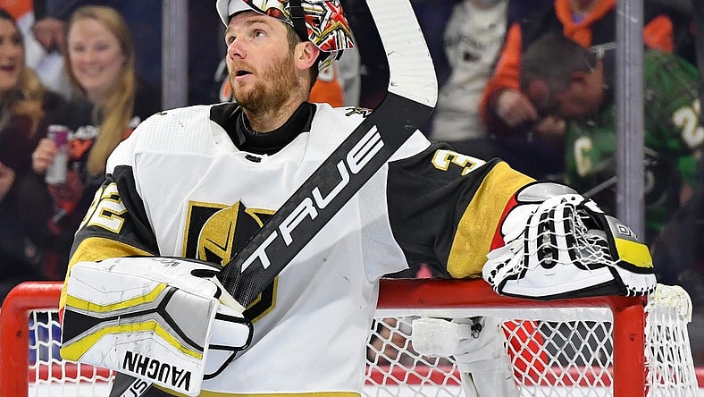Mar 14, 2023; Philadelphia, Pennsylvania, USA; Vegas Golden Knights goaltender Jonathan Quick (32) against the Philadelphia Flyers at Wells Fargo Center. Mandatory Credit: Eric Hartline-USA TODAY Sports