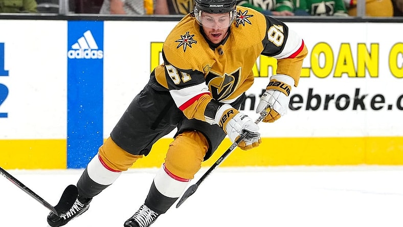 Mar 16, 2023; Las Vegas, Nevada, USA; Vegas Golden Knights right wing Jonathan Marchessault (81) skates against the Calgary Flames during the second period at T-Mobile Arena. Mandatory Credit: Stephen R. Sylvanie-USA TODAY Sports
