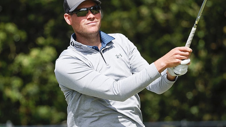 Mar 17, 2023; Palm Harbor, Florida, USA;  Adam Schenk plays his shot from the 13th tee during the second round of the Valspar Championship golf tournament. Mandatory Credit: Reinhold Matay-USA TODAY Sports
