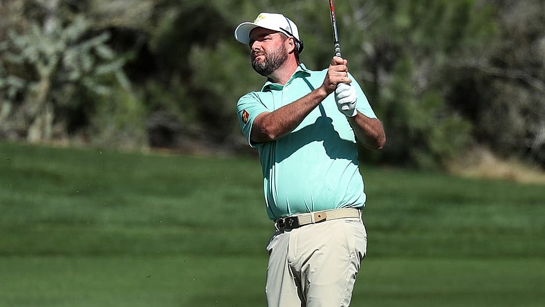 Mar 17, 2023; Tucson, Arizona, USA; Marc Leishman hits from the fairway of the 4th hole during the first round of the LIV Golf event at The Gallery Golf Club. Mandatory Credit: Zachary BonDurant-USA TODAY Sports